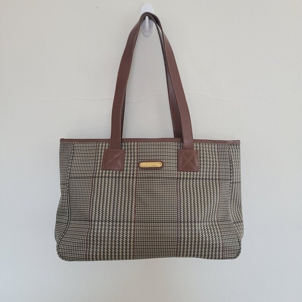 Vintage Polo Ralph Lauren Plaid Shoulder Tote Handbag Brown Tan